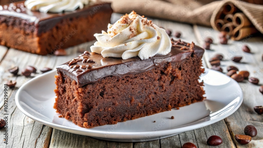 A single slice of rich chocolate cake topped with whipped cream and chocolate shavings, resting on a white plate surrounded by coffee beans on a rustic wooden surface. A single slice of rich chocolate cake topped with whipped cream and chocolate shavings, resting on a white plate surrounded by coffee beans on a rustic wooden surface.
