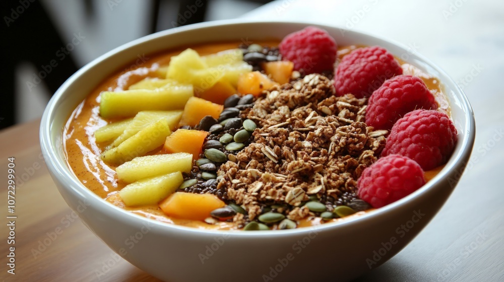 Vibrant Tropical Smoothie Bowl, a health-focused breakfast featuring a colorful array of fresh fruits, crunchy seeds, and granola, inviting and refreshing start to the day Vibrant Tropical Smoothie Bowl, a health-focused breakfast featuring a colorful array of fresh fruits, crunchy seeds, and granola, inviting and refreshing start to the day