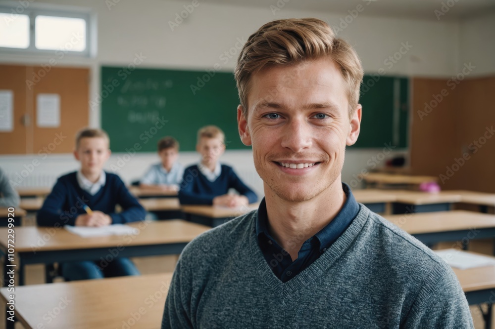 Close portrait of a smiling young Finnish male elegant primary school teacher standing and looking at the camera, indoors almost empty classroom blurred background Close portrait of a smiling young Finnish male elegant primary school teacher standing and looking at the camera, indoors almost empty classroom blurred background