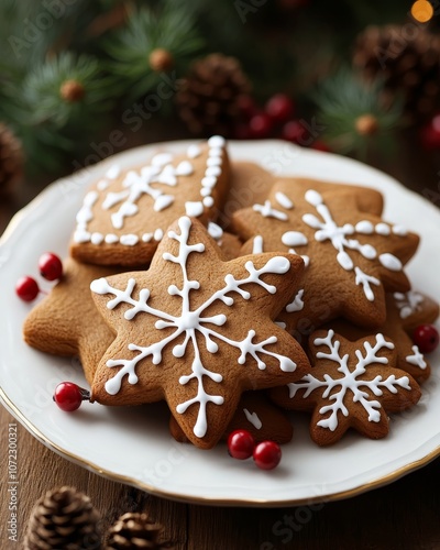 Gingerbread snowflake cookies on a plate with pine and berry decoration, holiday baking, winter treats