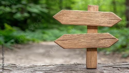 Wooden signpost in a lush green forest, guiding travelers through nature's path. photo