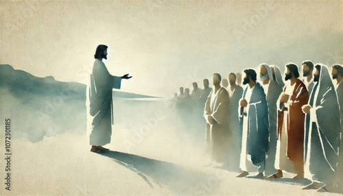 The moment symbolizing the disciples’ mission to make disciples of all nations. Digital painting. photo