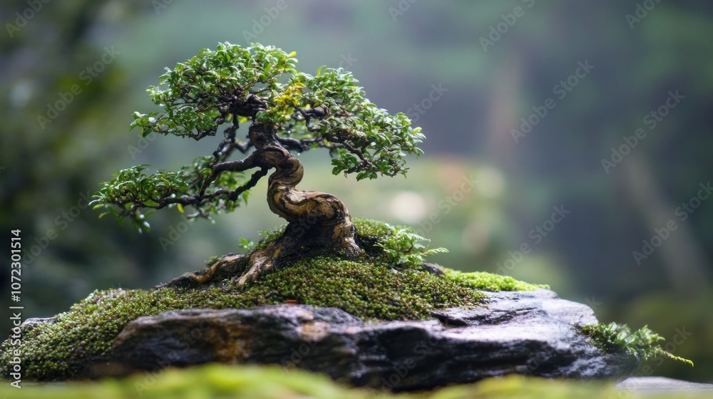 Bonsai Tree on a Mossy Rock in a Tranquil Setting Bonsai Tree on a Mossy Rock in a Tranquil Setting