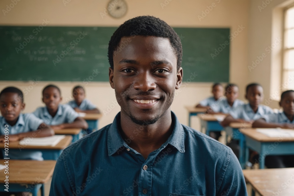 Close portrait of a smiling young Ghanaian male elegant primary school teacher standing and looking at the camera, indoors almost empty classroom blurred background Close portrait of a smiling young Ghanaian male elegant primary school teacher standing and looking at the camera, indoors almost empty classroom blurred background