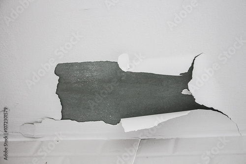 White color paint peeling off on ceiling house. Under the roof