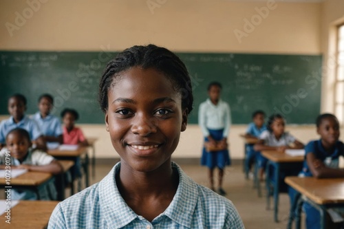 Close portrait of a smiling young Ghanaian female elegant primary school student standing and looking at the camera, indoors almost empty classroom blurred background