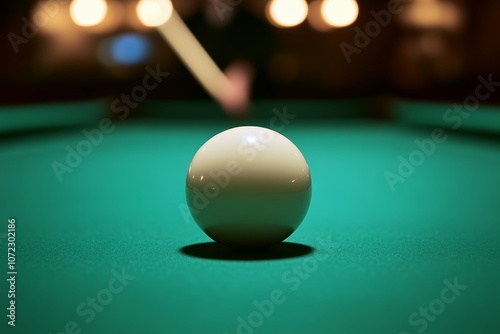 Close-up of a billiard ball on the table with the soft bokeh player holding a cue in the background. photo