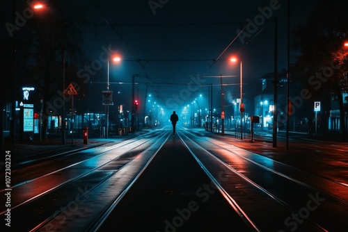 Empty city street at night with a single person walking alone under streetlights.