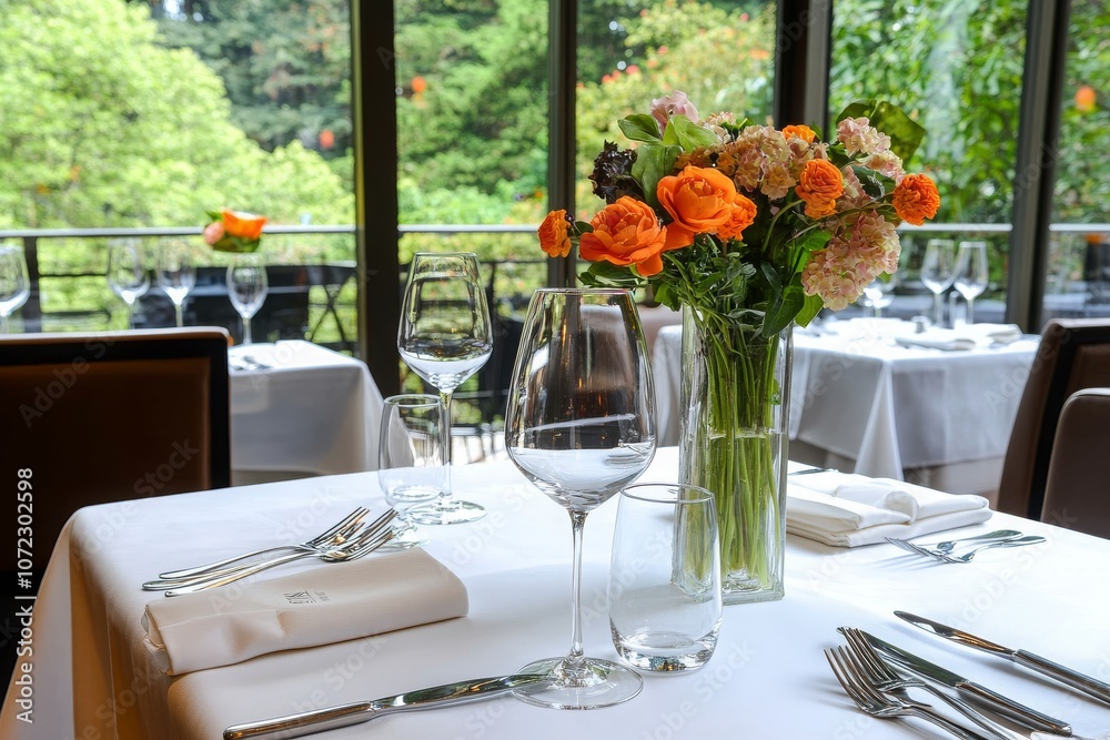 Elegant Lunch Setting with Fresh Flowers and Natural Light Elegant Lunch Setting with Fresh Flowers and Natural Light