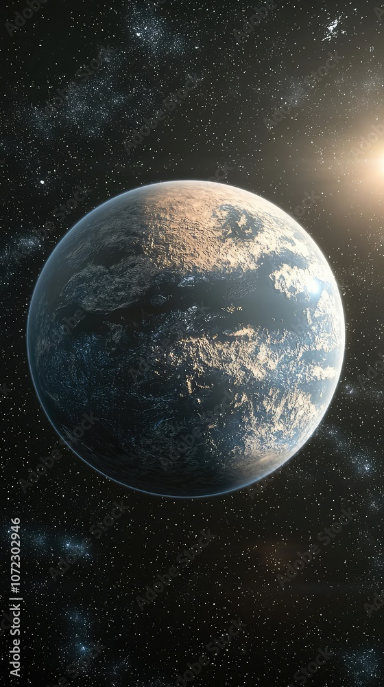 Naklejka premium Habitable Exoplanet with Visible Clouds and Sunlight
