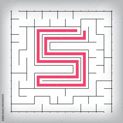 Square form linear number 5 maze puzzle. Tutorial confusing game activity.