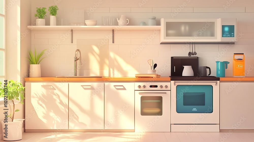 A bright and modern kitchen with appliances, plants, and sunlight streaming through the window.