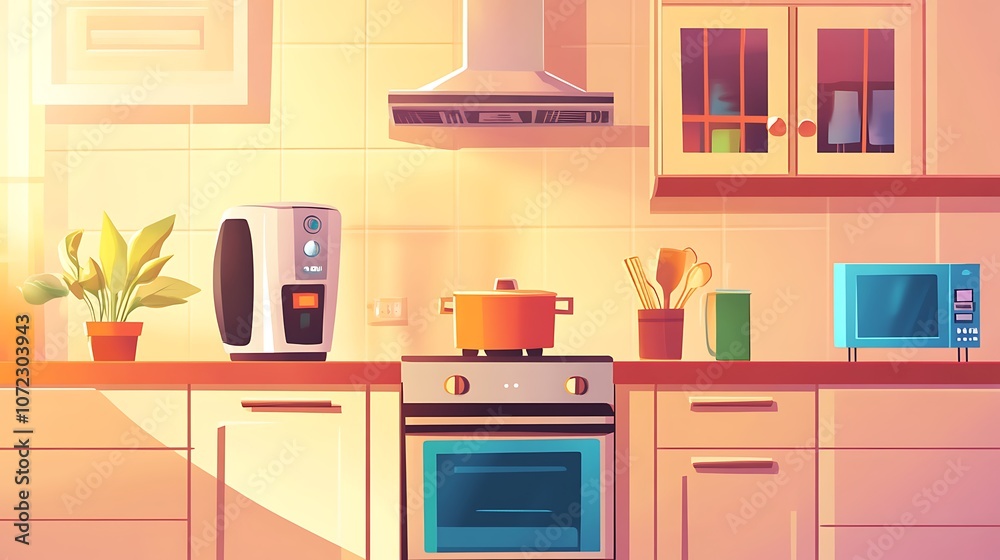 A modern kitchen scene featuring appliances, cookware, and plants, emphasizing a warm, inviting atmosphere. A modern kitchen scene featuring appliances, cookware, and plants, emphasizing a warm, inviting atmosphere.