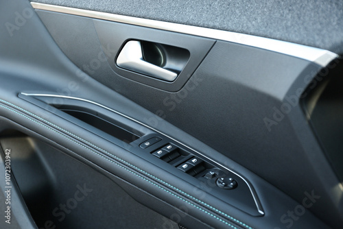 Control panel inside of modern car, closeup view