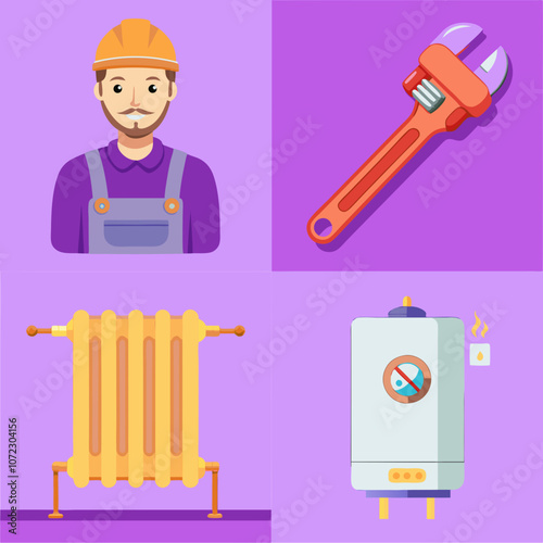 Heating technician with wrench, radiator, and boiler illustrations on a colorful background 