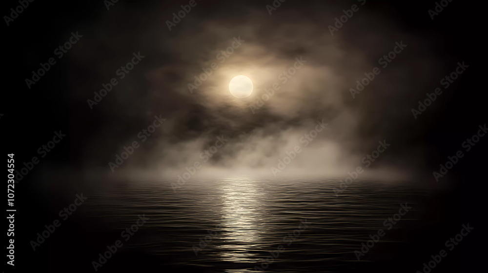 A serene moonlit night over a tranquil, misty lake with reflection in calm waters A serene moonlit night over a tranquil, misty lake with reflection in calm waters