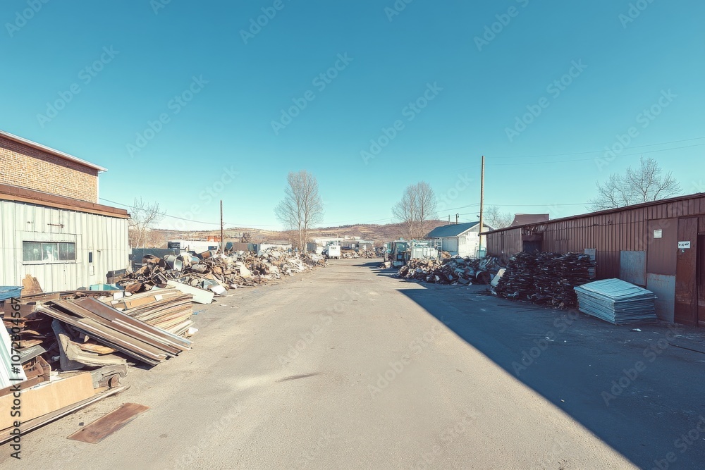 Fototapeta premium Waste Management Area with Sorting Materials Under Sunlight