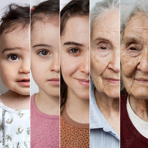 Collage of Female Faces Showing Different Stages of Life from Infant to Elderly - Concept of Aging, Growth, and Human Life Cycle for Stock Image photo