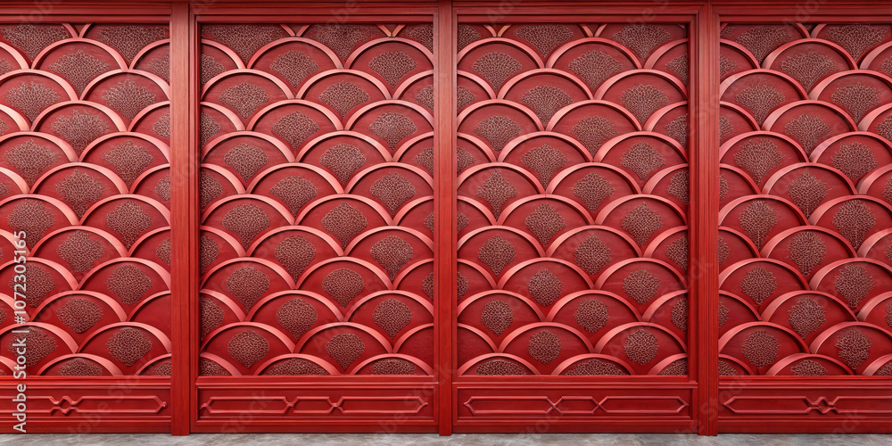 Symmetrical red wall backdrop with scalloped design elements Symmetrical red wall backdrop with scalloped design elements