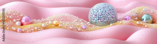 Whimsical abstract scene with colorful spherical shapes on soft pink waves, perfect for creative projects.