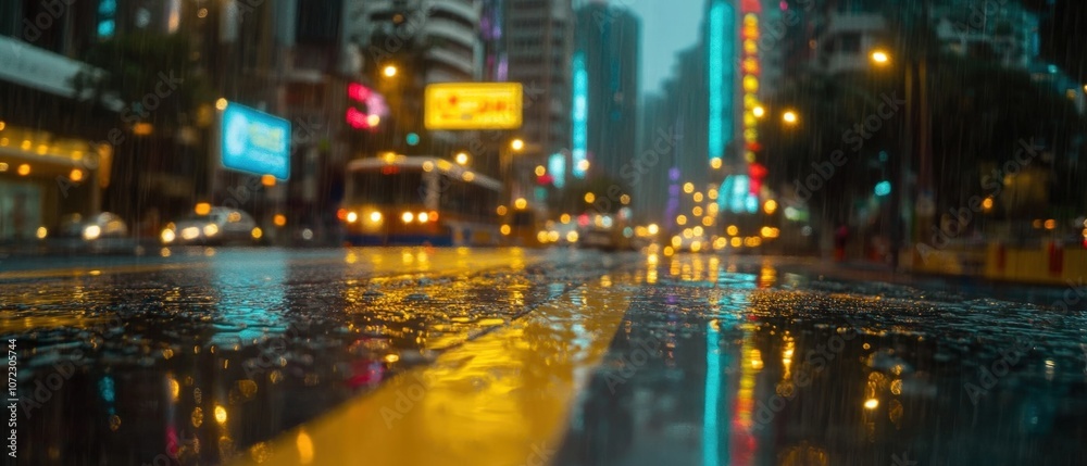 Rainy night in the city with glowing lights and reflections on the wet pavement Rainy night in the city with glowing lights and reflections on the wet pavement