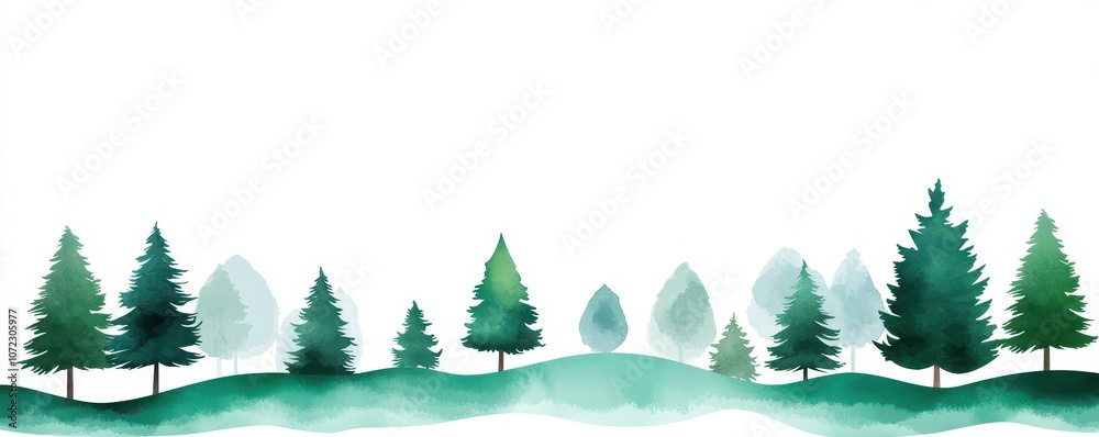 Fototapeta premium Serene Watercolor Landscape Featuring Lush Green Trees and Rolling Hills with a Soft Gradient Background for Peaceful Nature-Themed Illustrations or Designs