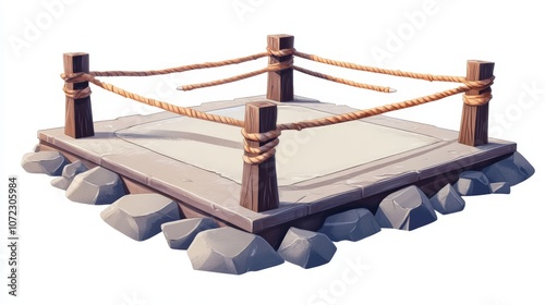 Cartoon Ring with Ropes and Corner Posts on White Background photo