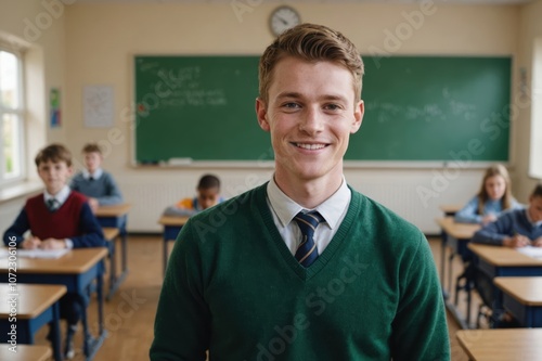 Close portrait of a smiling young Irish male elegant primary school teacher standing and looking at the camera, indoors almost empty classroom blurred background
