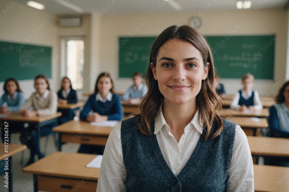 Close portrait of a smiling young Italian female elegant primary school teacher standing and looking at the camera, indoors almost empty classroom blurred background Close portrait of a smiling young Italian female elegant primary school teacher standing and looking at the camera, indoors almost empty classroom blurred background