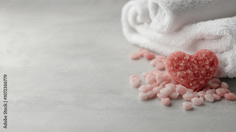 Romantic spa day setup with heart-shaped bath salts for relaxation and wellness Romantic spa day setup with heart-shaped bath salts for relaxation and wellness