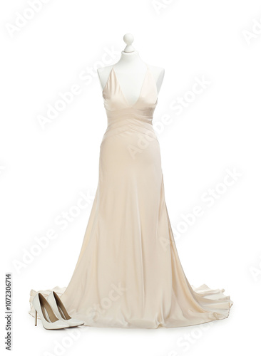 Mannequin with beautiful wedding dress and shoes isolated on white