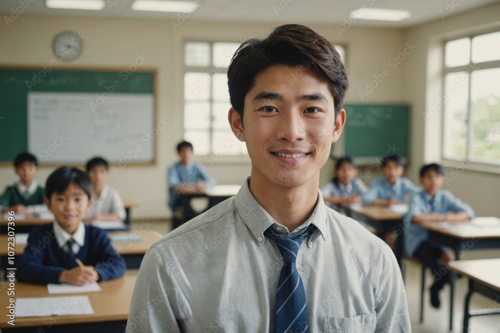 Close portrait of a smiling young Japanese male elegant primary school teacher standing and looking at the camera, indoors almost empty classroom blurred background