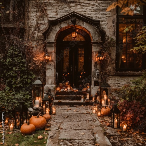 An entrance with warm lighting and carved pumpkins creates a spooky Halloween scene.