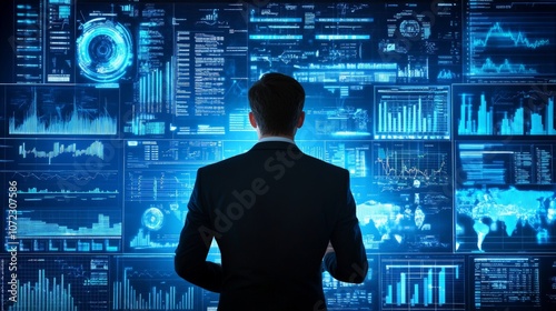 Businessman analyzing market trends with interactive business intelligence software displayed on a large screen, engaging in data-driven decision-making and strategic planning