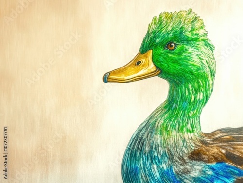 Vibrant green and yellow duck with a striking profile photo