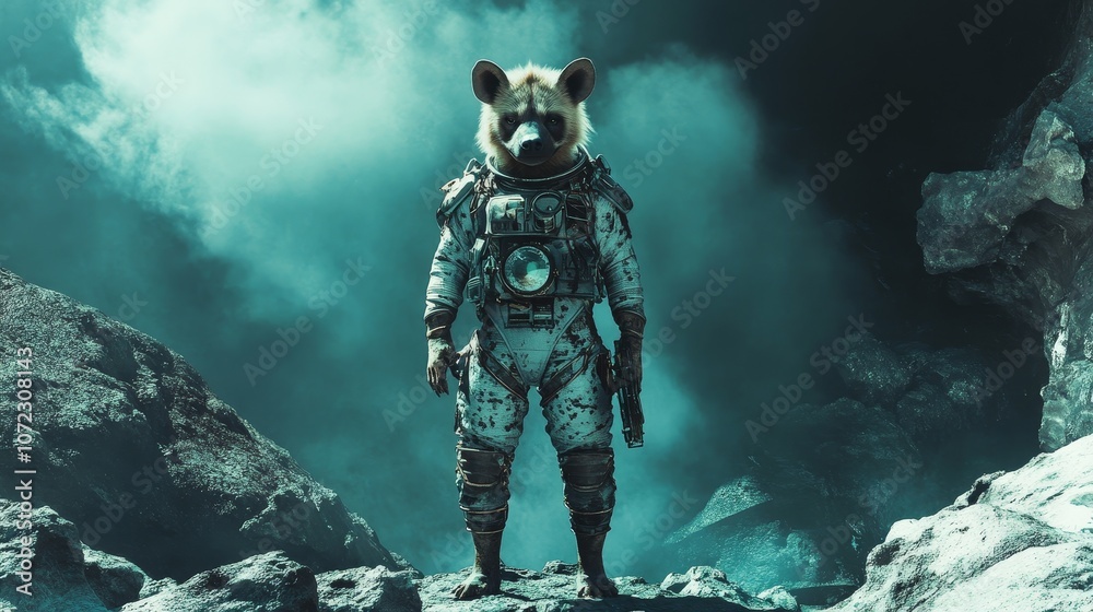 Fototapeta premium Intergalactic Explorer - Hyena in Space Suit on Alien Planet with Dramatic Lighting