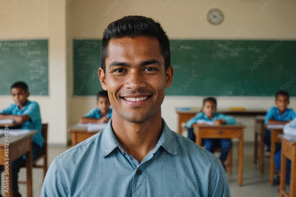 Close portrait of a smiling young Kiribati male elegant primary school teacher standing and looking at the camera, indoors almost empty classroom blurred background Close portrait of a smiling young Kiribati male elegant primary school teacher standing and looking at the camera, indoors almost empty classroom blurred background