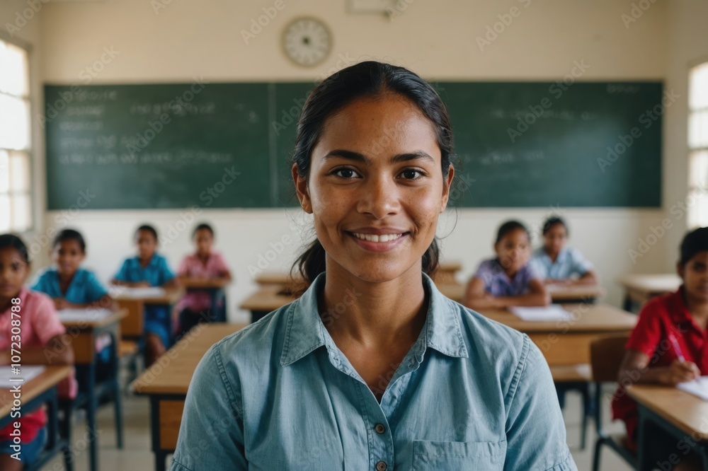 Close portrait of a smiling young Kiribati female elegant primary school teacher standing and looking at the camera, indoors almost empty classroom blurred background