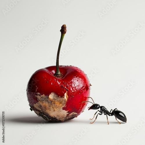 Ant Next to a Cherry on White Background