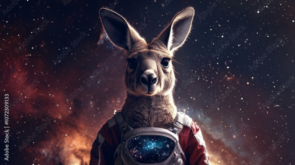Fototapeta premium Starry Pouch Expedition: Kangaroo in Space Suit with Galaxy Background