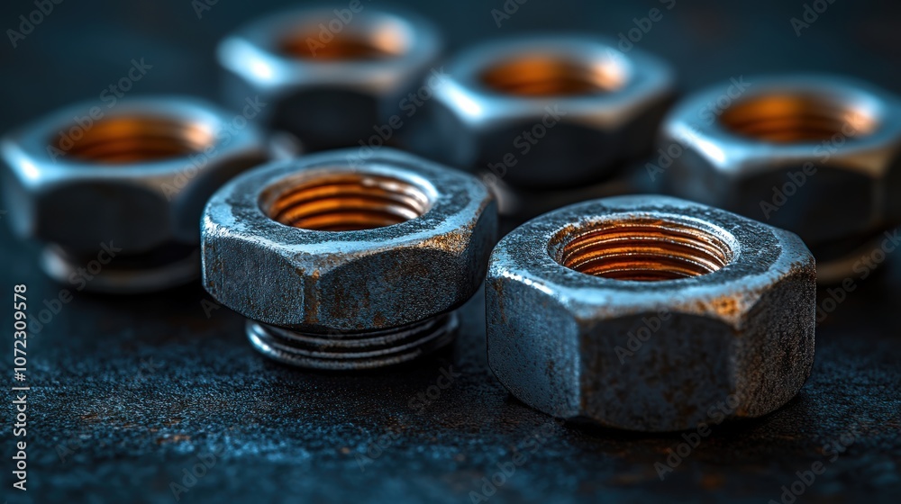 Close up view of nuts and bolts on dark background Close up view of nuts and bolts on dark background