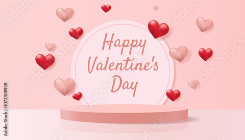 Empty podium scene realistic pink isolated background decorated with hearts. 3d studio exhibition. Room with beautiful floor and wall in sweet style. Valentine, love, wedding. Vector illustration.
