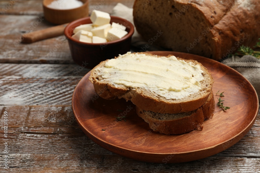 Fresh bread with butter on wooden table, closeup Fresh bread with butter on wooden table, closeup