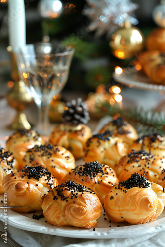 profiteroles with black caviar on the New Year's table  photo