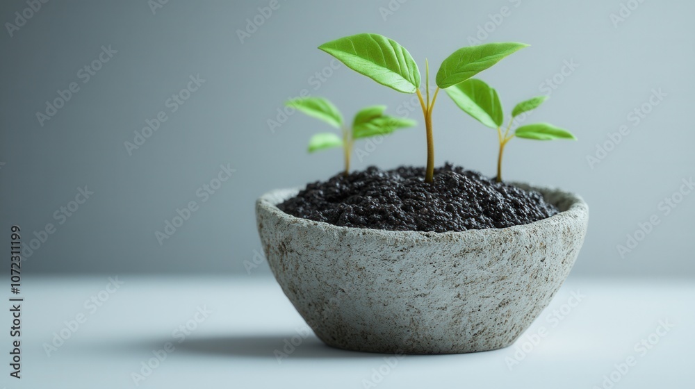 Fresh green seedlings emerging from rich soil in a modern concrete pot, symbolizing growth and new beginnings. Fresh green seedlings emerging from rich soil in a modern concrete pot, symbolizing growth and new beginnings.