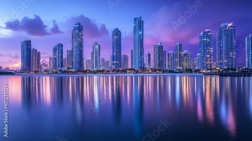 Coastal City Dawn Serenity, a peaceful urban landscape at sunrise, showcasing calm waters mirroring colorful buildings, evoking a sense of tranquility and morning beauty.