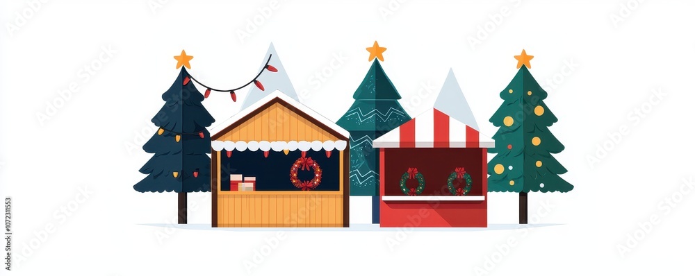 Fototapeta premium Charming Christmas Market Scene with Festive Stalls, Decorated Trees, and Snow-Capped Mountains, Evoking Holiday Spirit and Joyful Atmosphere in Winter Wonderland