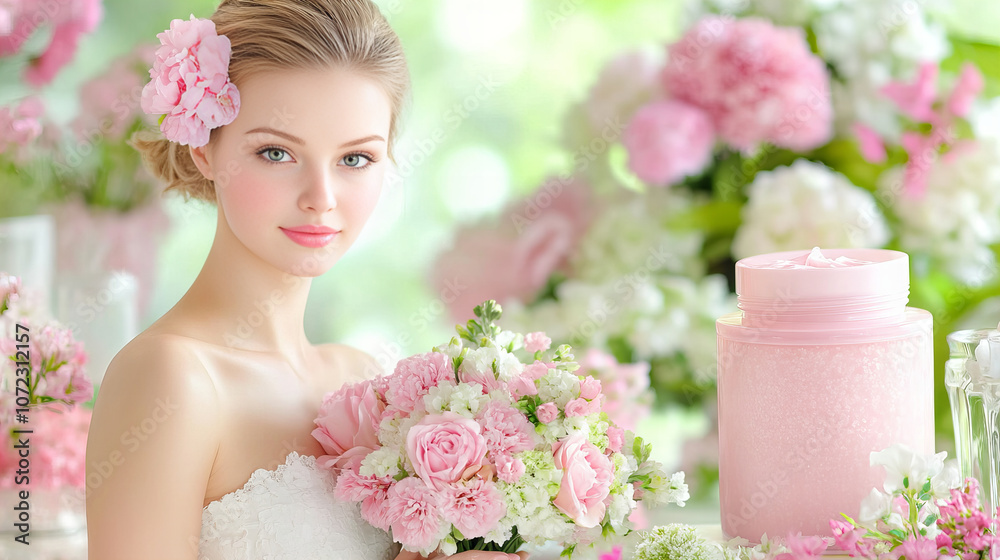 Obraz premium woman in serene moment holding bouquet of pink flowers surrounded by beauty products