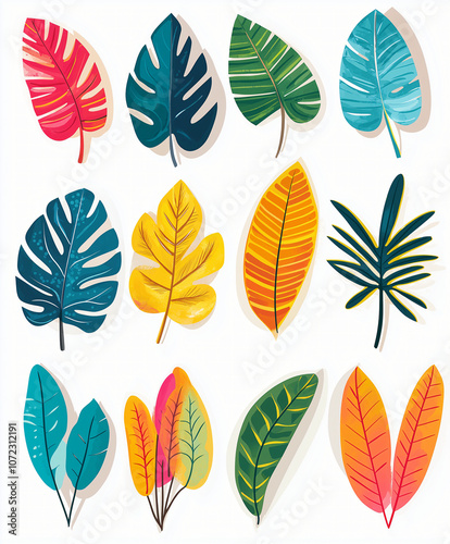 illustration set of tropical leaves, vibrant colorful. Vibrant Collection of Holographic Monstera and Palm Leaves Creating a Modern Botanical Rainbow on Black Background, Isolated Background