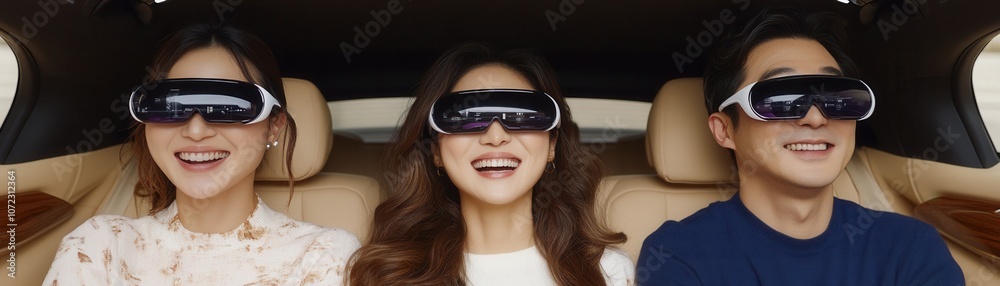 Three friends enjoying a virtual reality experience in a car, showcasing innovation and modern entertainment. Three friends enjoying a virtual reality experience in a car, showcasing innovation and modern entertainment.
